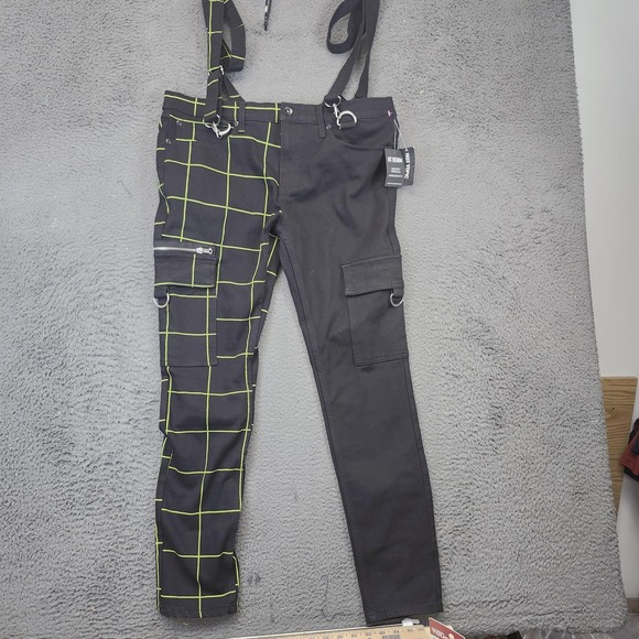 Hot Topic HT Denim Pants Mens 38x32 Neon Grid Cargo Stinger Straps Punk New - Picture 1 of 13